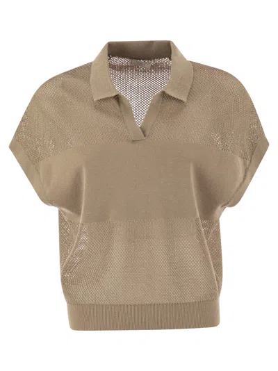 Peserico Tricot Polo Shirt In Pure Cotton Crepe Yarn In Brown