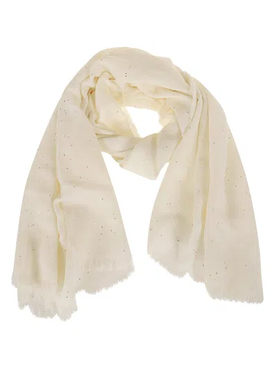 Peserico Twill Cotton Stole With Delicate Sequins And Fringe Detail In Neutral