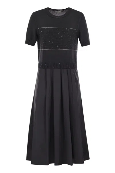 Peserico Women Two-tone Dress In Pure Cotton With Micro Sequins In Black
