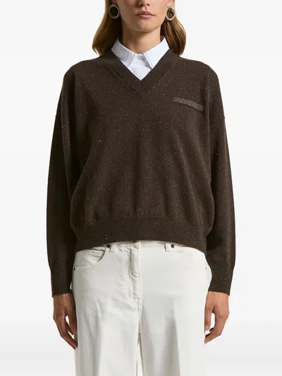 Peserico V-neck Embellished Sweater In Brown