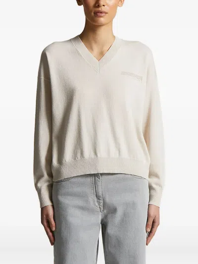 Peserico V-neck Embellished Sweater In White