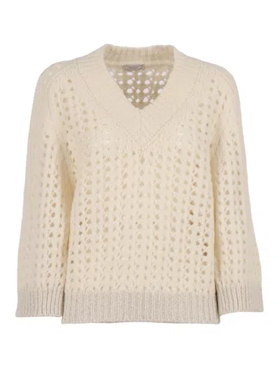 Peserico V-neck Knitted Sweater With Three-quarter Sleeves In Neutral