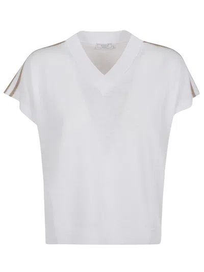 Peserico V-neck Linen Blend Sweater With Striped Shoulder Detail In White