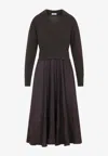 Peserico Ebony Brown Two-fabric Midi Dress With Pointed Collar In Brown