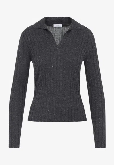 Peserico Sapphire Dark Grey Virgin Wool Knit Lurex Polo In Black