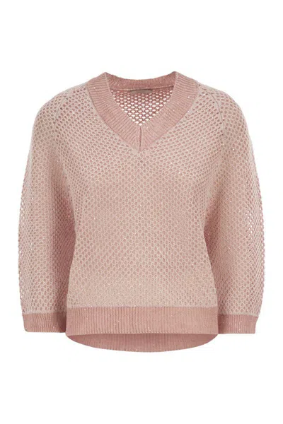 Peserico V-neck Mesh Top In Linen And Cotton In Pink