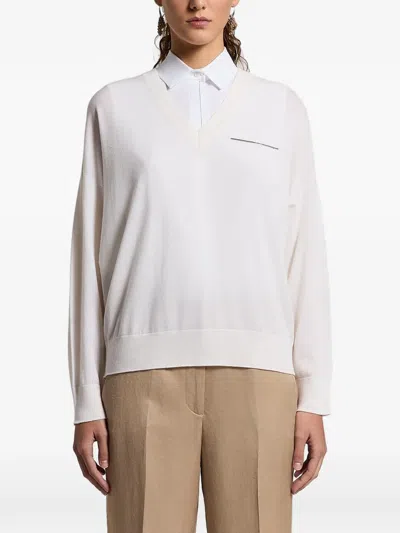 Peserico V-neck Pocket Sweater In White