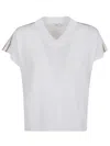 Peserico V-neck Linen Blend Sweater With Striped Shoulder Detail In White
