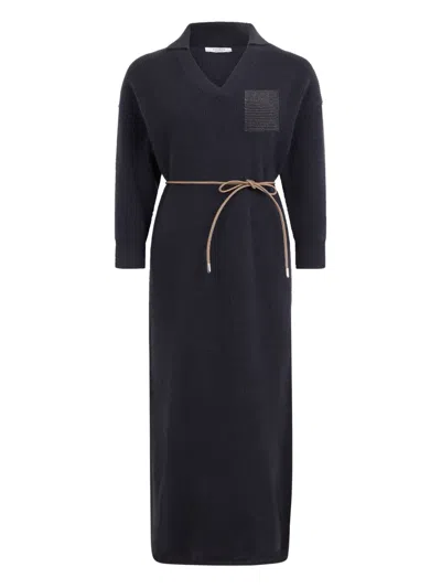 Peserico V-neck Ribbed Maxi Dress In Black