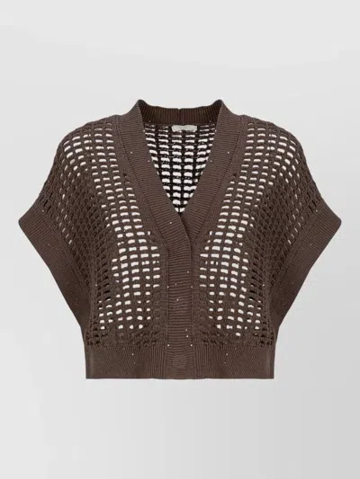 Peserico V Neck Sweater Cut Out Pattern Paillettes In Brown