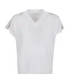 Peserico V-neck Linen Blend Sweater With Striped Shoulder Detail In White