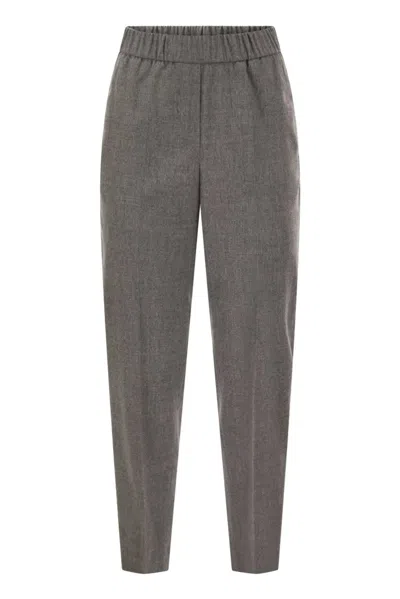 Peserico Virgin Wool And Cashmere Tapered Trousers With Elasticated Waistband In Gray