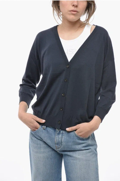 Peserico Virgin Wool Cardigan With V-neck In Blue