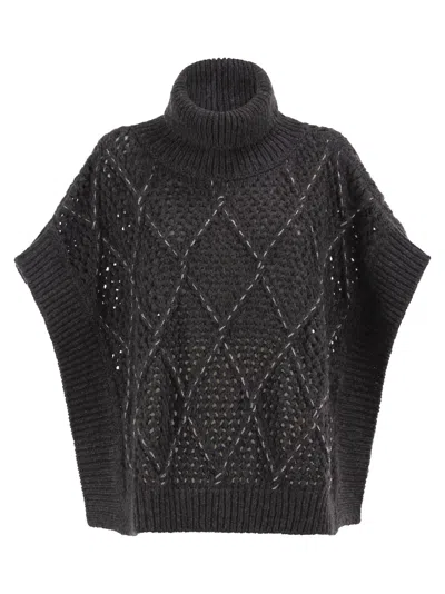 Peserico Virgin Wool Openwork Knit Roll-neck Poncho In Gray
