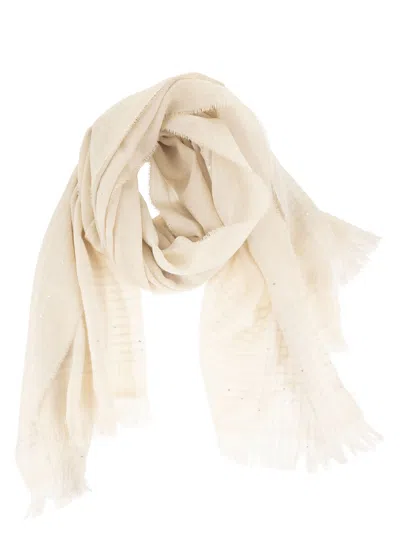 Peserico Virgin Wool Scarf With Check Pattern, Sequins And Lurex Details In Beige