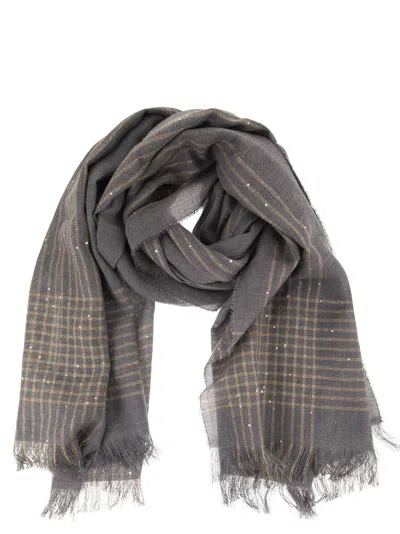 Peserico Virgin Wool Scarf With Check Pattern, Sequins And Lurex Details In Grey