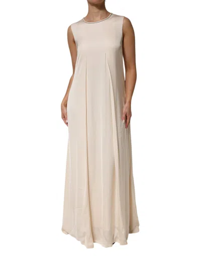 Pre-owned Peserico Viscose Pleated Sleeveless Long Maxi Women's Dress () In Sand