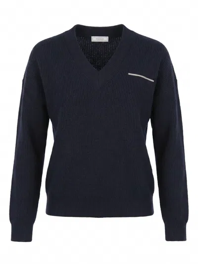 Peserico Ribbed-knit V-neck Sweater In Blue