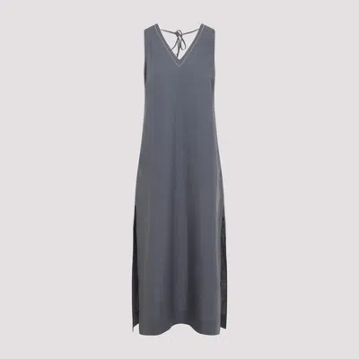 Peserico Linen V Neck Dress In Blue