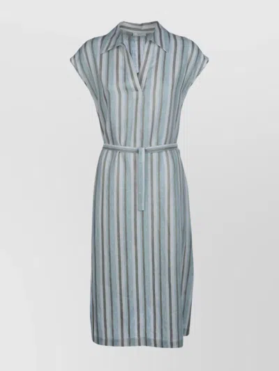 Peserico Waist Belted Cap Sleeves Striped Dress In Multi