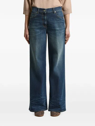 Peserico Whiskered Wide-leg Jeans In Blue