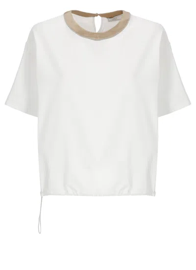 Peserico White Cotton-blend Silk-trim T-shirt