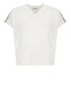 Peserico V-neck Linen Blend Sweater With Striped Shoulder Detail In White
