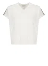 Peserico V-neck Linen Blend Sweater With Striped Shoulder Detail In White