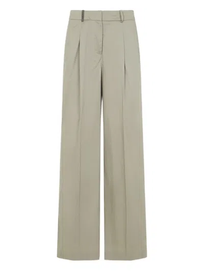 Peserico Cotton Wide Leg Trousers Metal Detail In Green