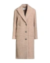Peserico Woman Coat Sand Size 6 Alpaca Wool, Virgin Wool, Polyamide, Leather In Neutral