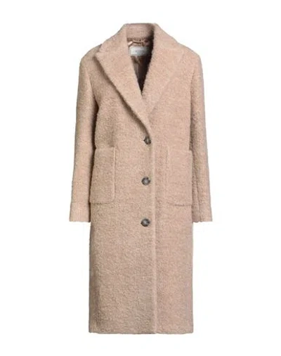 Peserico Woman Coat Sand Size 6 Alpaca Wool, Virgin Wool, Polyamide, Leather In Neutral