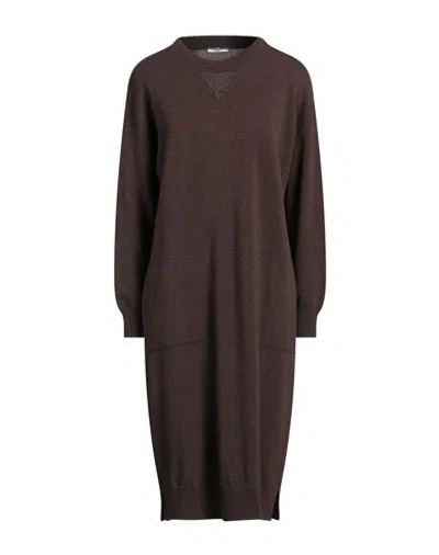 Peserico Woman Midi Dress Chocolate Brown Size 8 Virgin Wool, Silk, Cashmere, Metallic Fiber