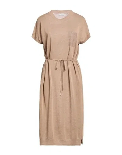 Peserico Woman Midi Dress Sand Size 6 Metallic Fiber, Linen, Cotton In Brown