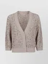 Peserico Cotton Cardigan With Sequined Detailing And V-neckline In Neutral