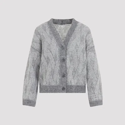 Peserico Cropped Sequin Knit Cardigan Long Sleeves In Gray