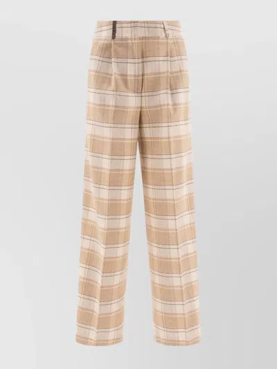 Peserico Wool Trousers With Front Pleats And Checked Pattern In Neutral
