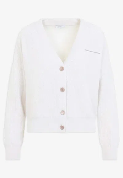 Peserico Cashmere Silk Wool Ribbed V-neck Cardigan In White
