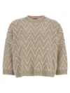 Peserico Zigzag Cropped Crew Neck Sweater With Dropped Shoulders In Brown