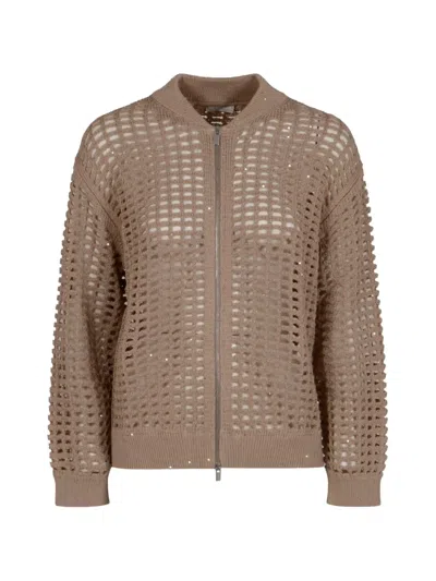 Peserico Zip-up Open-knit Cardigan In Brown