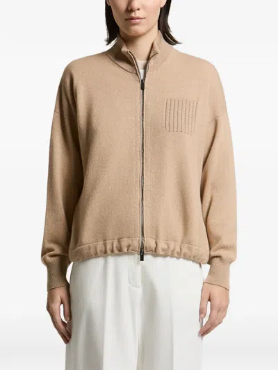 Peserico Zip-up Ribbed Cardigan In Brown