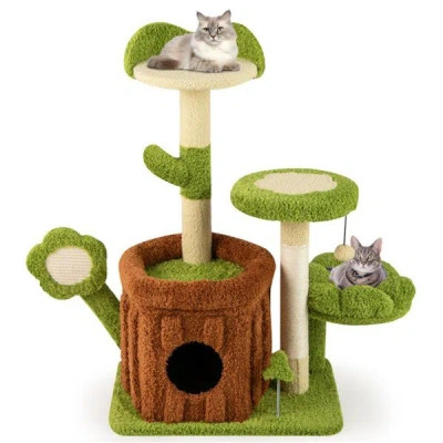 Pet Ap 36" Jungle Theme Cat Tree - Washable Peach Skin, Sisal Scratching Post & Interactive Toys In Green