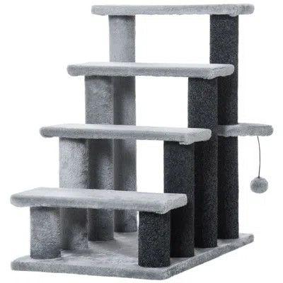 Pet Ap 4-level Cat Stair & Dog Stairs, Kitten Tree Climber, With Hanging Play Ball, Steps For Bed, Sofa, Li In Gray