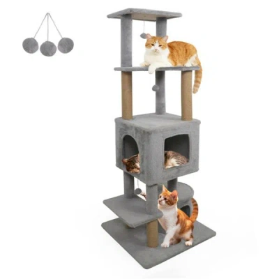 Pet Ap 64" Light Gray Cat Tower With Plush Perches & 3 Dangling Balls, Jute Scratching Posts & Anti-tipping In Multi