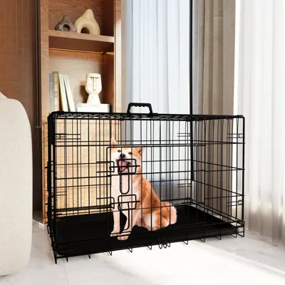 Pet Ap Dog Crate, 36 Inch Medium Dog Cage With Divider And Plastic Leak-proof Pan Tray, Double Door Folding In Black