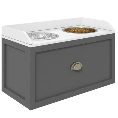 Pet Ap Elevated Dog Bowl Station With Storage Drawer 21l Capacity & 2 Stainless Bowls Gray