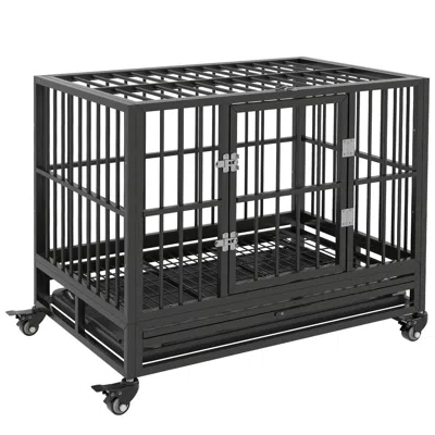 Pet Ap Heavy Duty Dog Cage 36 Metal Kennel With Lockable Wheels Double Door Removable Tray Gray In Black