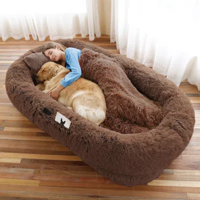 Pet Ap Human Dog Bed, Large Size Fits You And Pets, Washable Faux Fur Dog Bed For People Doze Off, Napping  In Brown