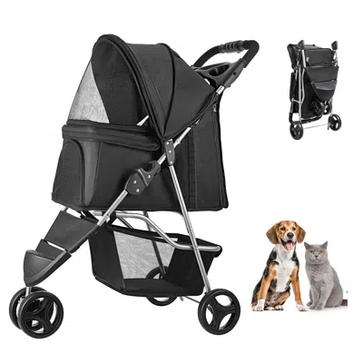 Pet Ap Pet Stroller, 35 Lbs Weight Capacity, Foldable Dog Stroller Cart, 3 Wheels Cats Stroller With Mesh W In Black