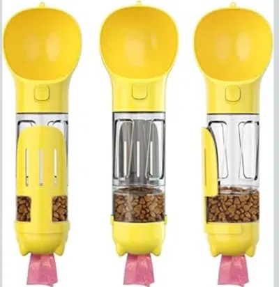 Pet Ap Portable 4-in-1 Pet Water Bottle With Food Storage, Poop Bag Dispenser, And Spoon. 300ml Capacity. A In Yellow