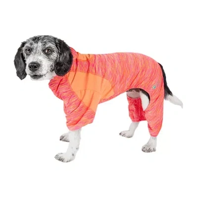 Pet Life Active 'downward Dog' Heathered Performance 4-way Stretch Two-toned Full Body Warm Up Hoodie In Orange